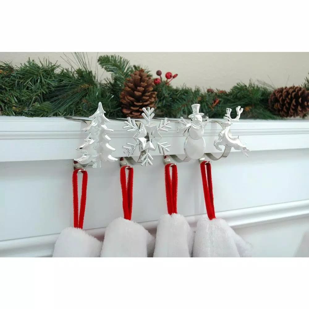 Original MantleClip Silver Adjustable Metal Christmas Stocking Holder Set with Clip-On Icons, 4-Pack