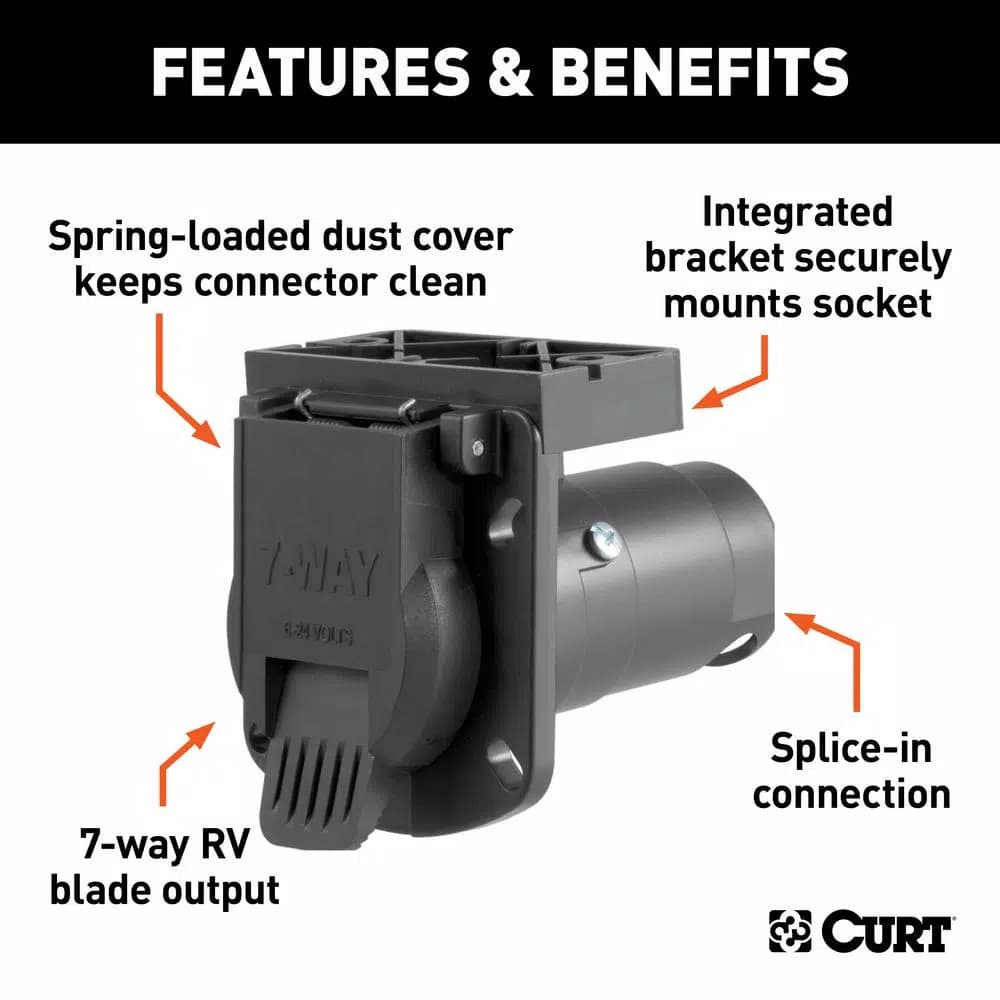 CURT 7-Way Round RV Blade Connector Socket with Integrated Bracket, Vehicle Side