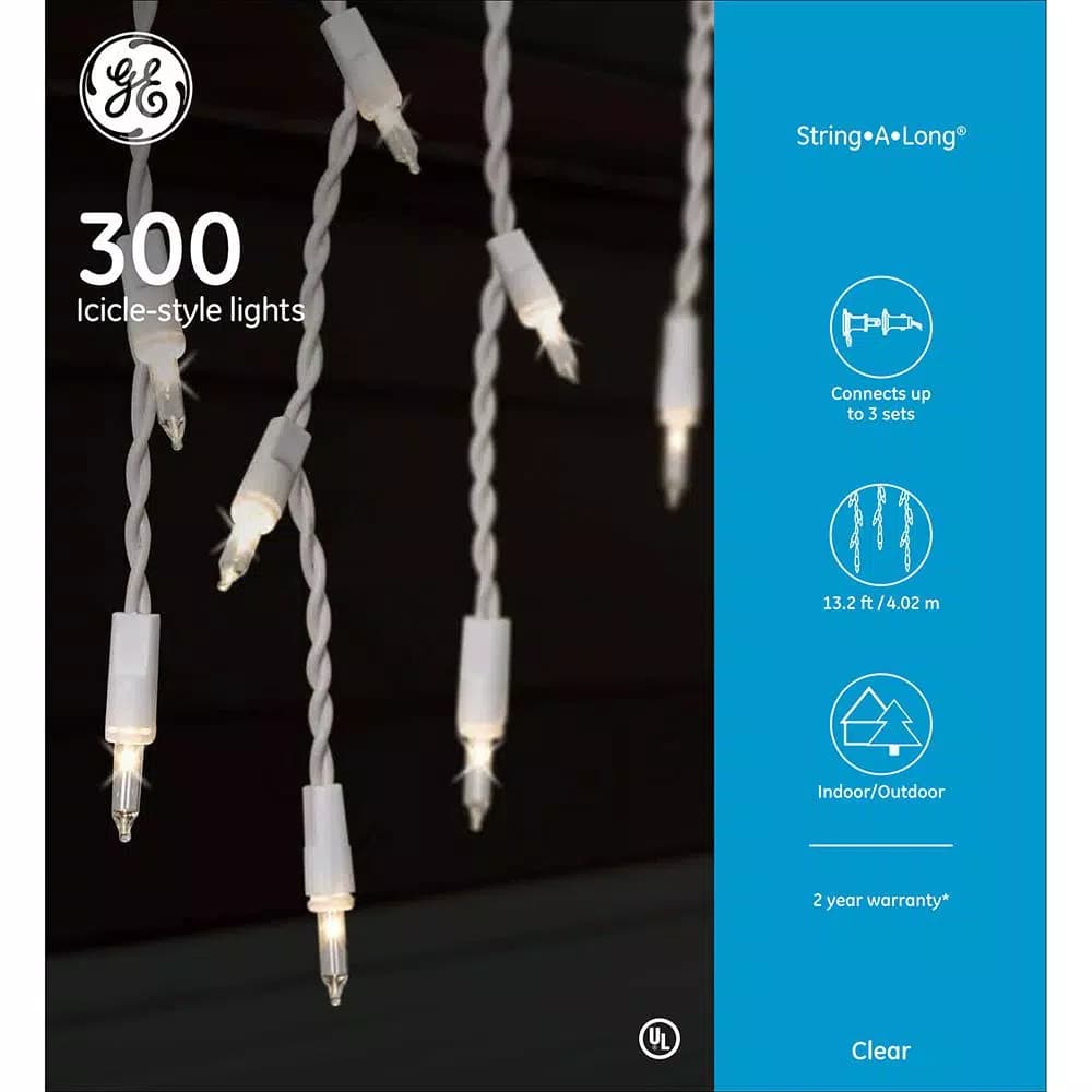 GE String-A-Long 300-Light Clear Icicle Light Set, Indoor/Outdoor