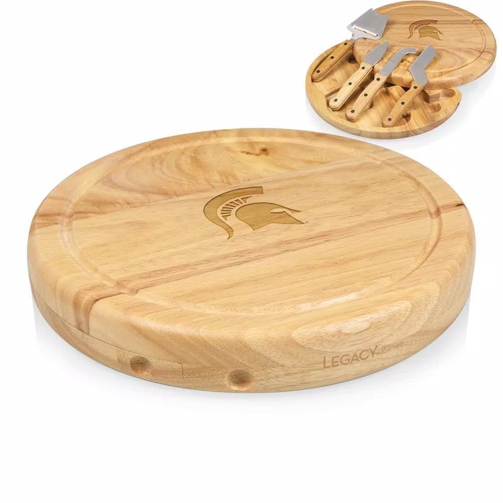 TOSCANA Michigan State Spartans Circo Rubberwood Cheese Board Set with 4 Stainless Steel Tools
