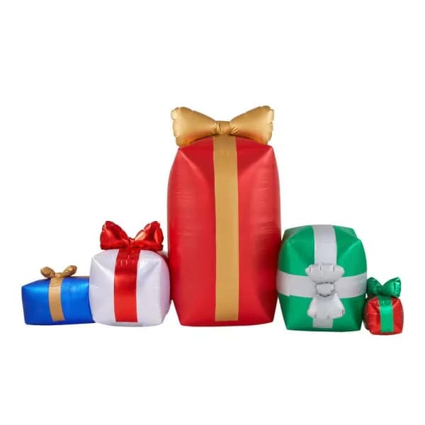 Airblown 4.43 ft. Inflatable Fuzzy Gift Box Scene with Metallic Fabric and LED Lights