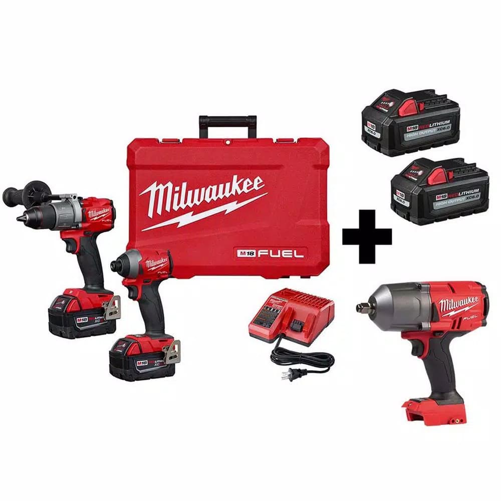 Milwaukee M18 FUEL 18V Brushless Cordless Hammer Drill, Impact Driver, and Impact Wrench Kit with 4 Batteries