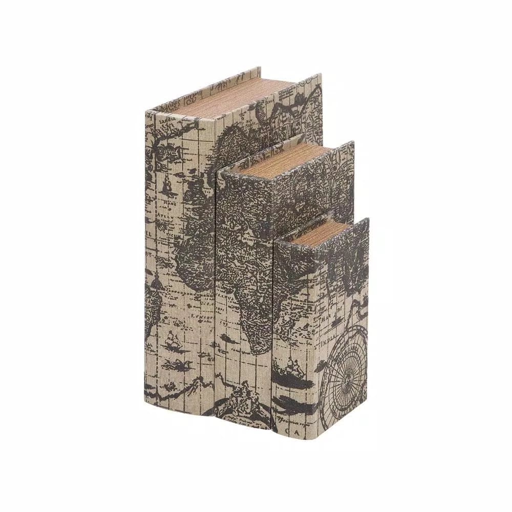 LITTON LANE Nautical Rectangular Synthetic Leather Book Boxes, Set of 3 - Dark Forest Green & Beige