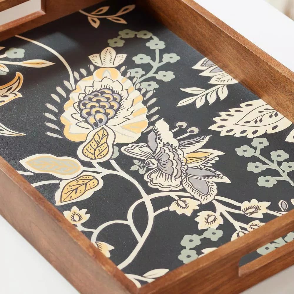 Home Decorators Collection Floral and Wood Decorative Rectangle Tray Set of 2