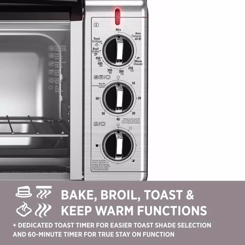 BLACK+DECKER 1500W 6-Slice Convection Toaster Oven with Broiler Pan, Black and Silver