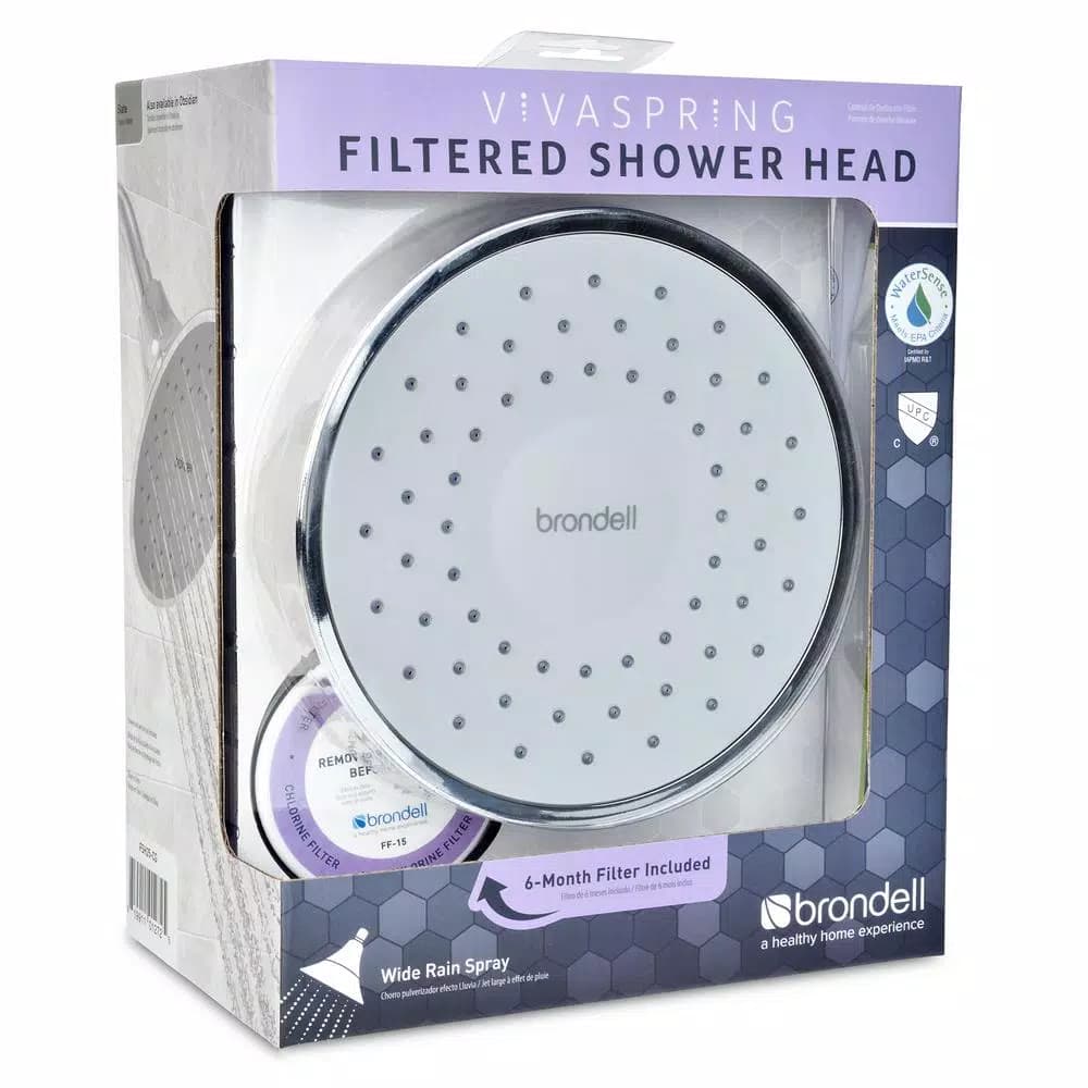 Brondell VivaSpring 6.5 in. Single Wall Mount Fixed Rain Shower Head with KDF Filtration, Chrome