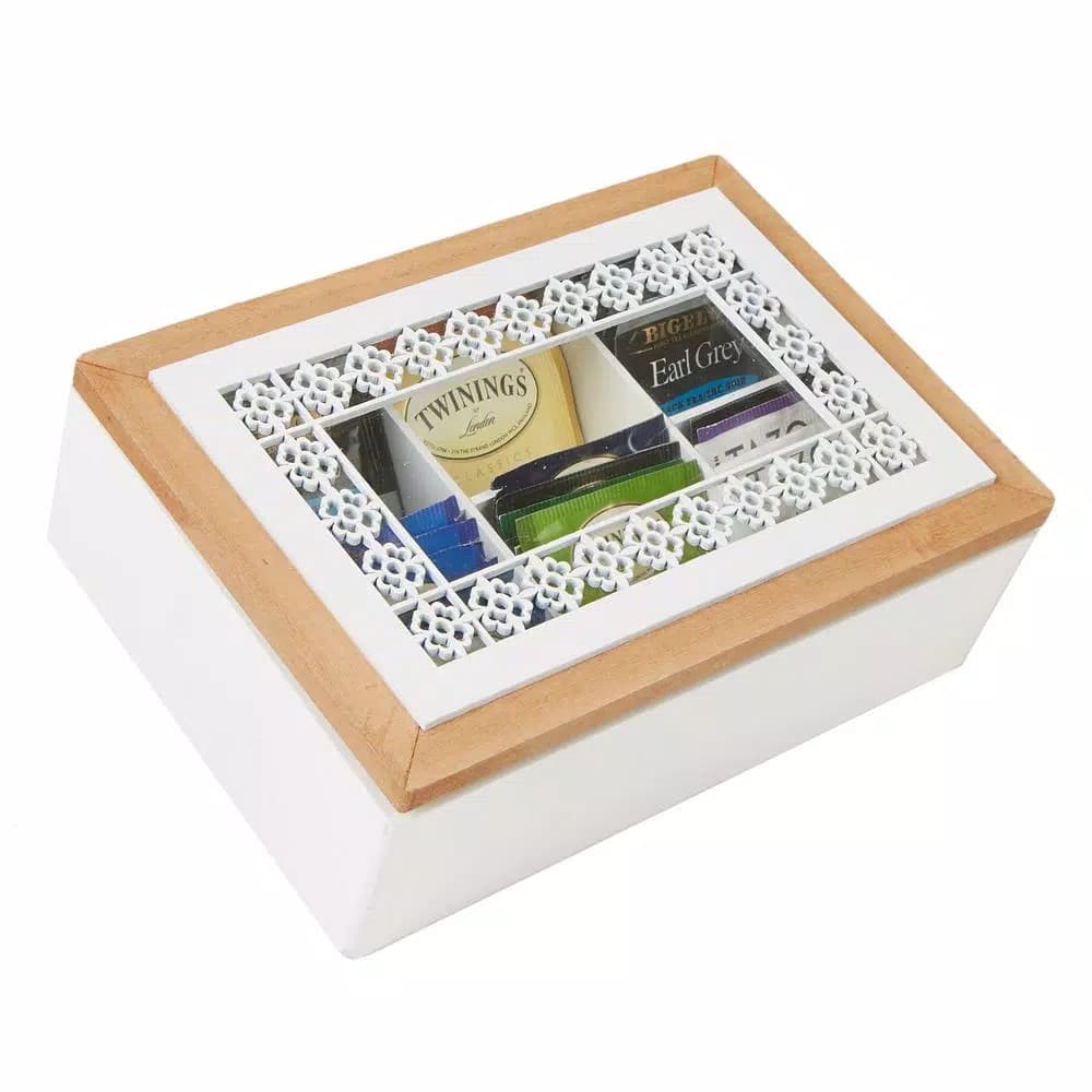 Mind Reader Brown Wood Pattern Tea Box Organizer with Glass Window