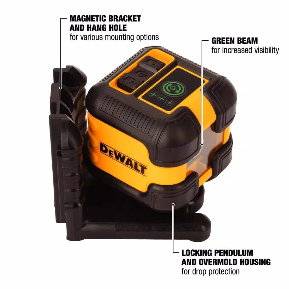 DEWALT Green Self-Leveling Cross Line Laser Level, 55 ft. Range, with Case and (2) AA Batteries