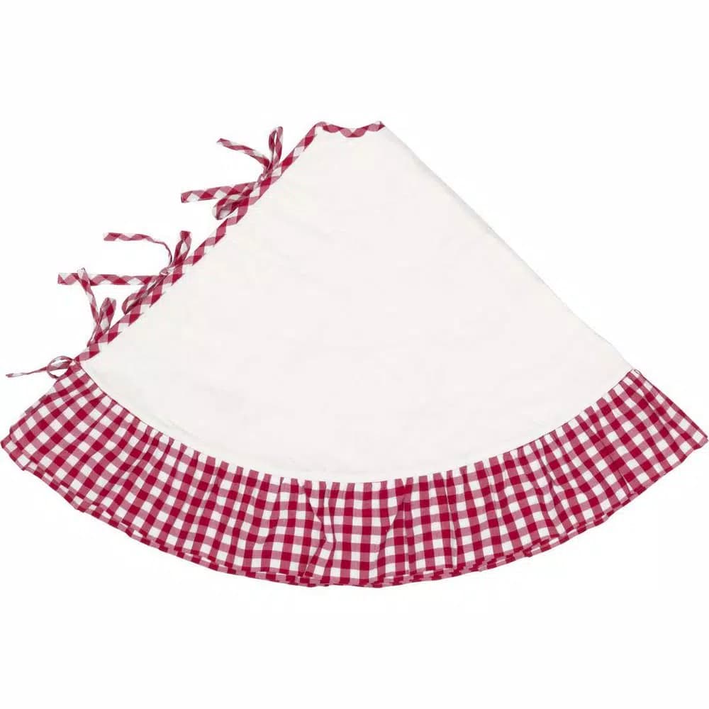 VHC Brands 48 in. Red Emmie Farmhouse Christmas Tree Skirt - Hand-Quilted Cotton with Ruffled Check Trim