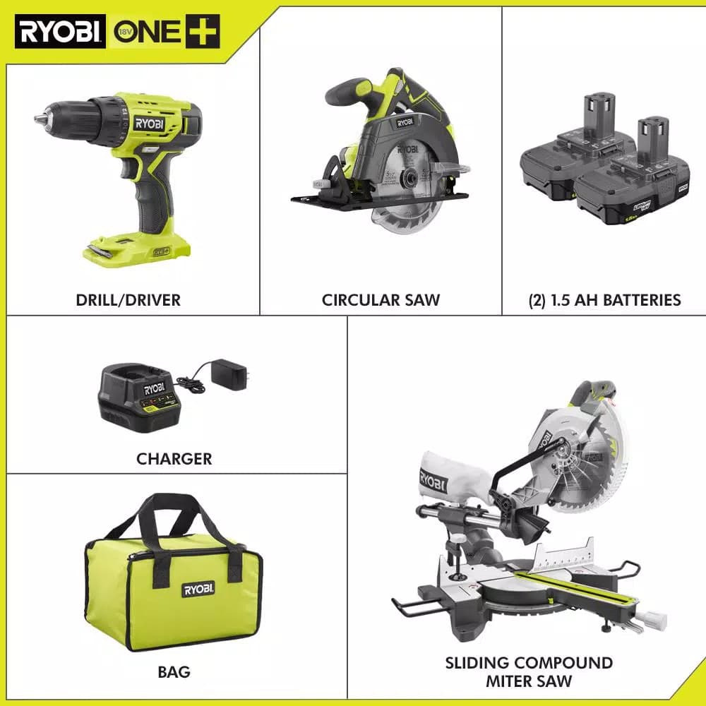 RYOBI 10 in. Sliding Compound Miter Saw, 18V Drill/Driver, and Circular Saw Combo Kit