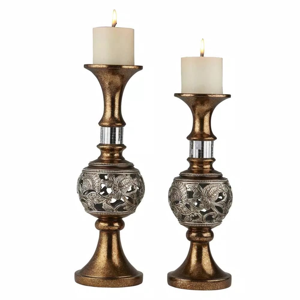 OK Lighting Bronze Langi Polyresin Candleholders, Set of 2