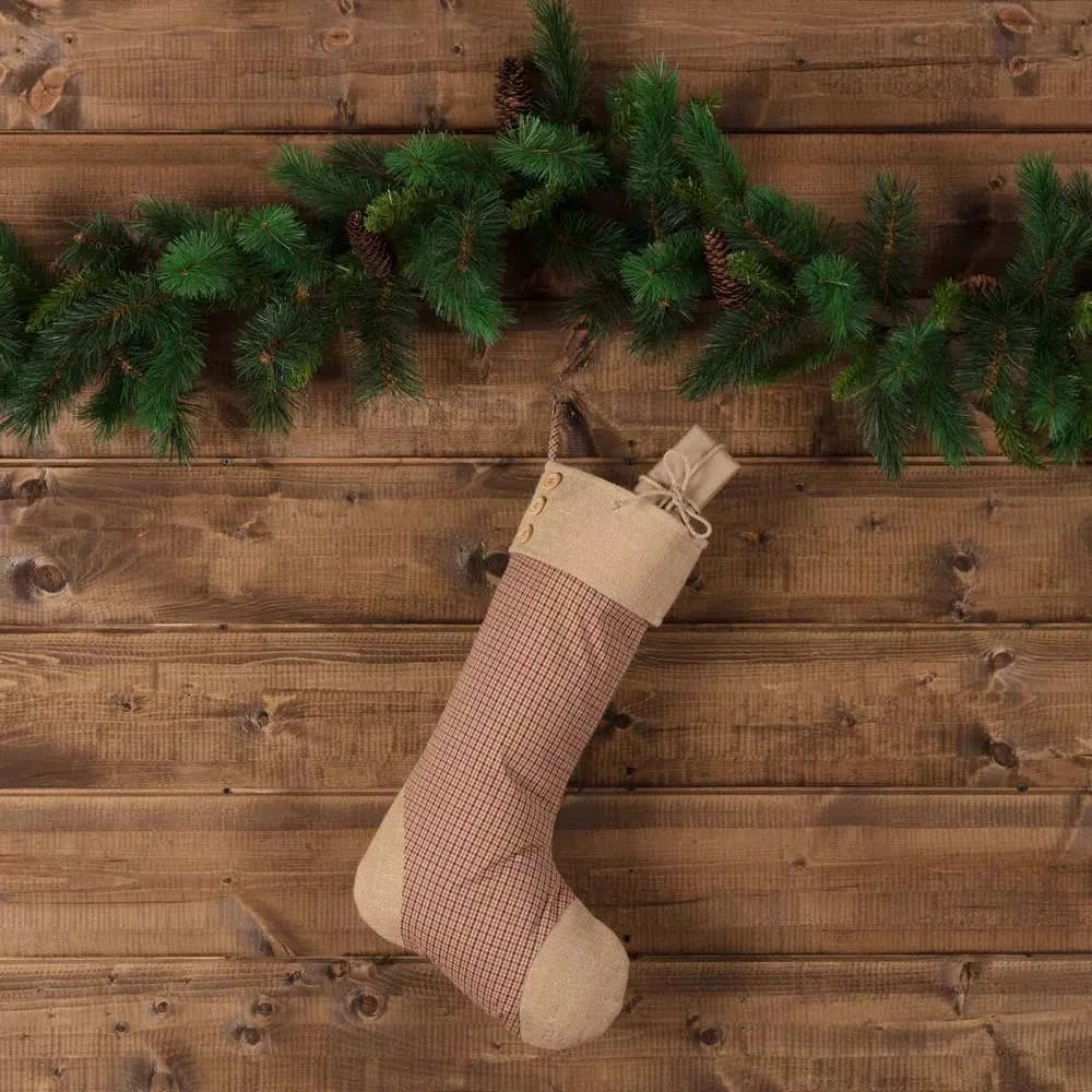 VHC Brands 20 in. Clement Red Black and Tan Plaid Christmas Stocking with Natural Jute Burlap
