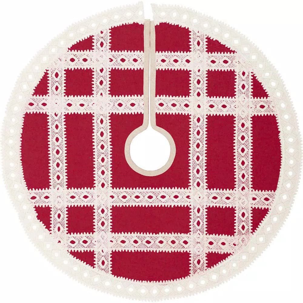 VHC Brands 21 in. Red Margot Farmhouse Christmas Tree Skirt with Diamond Cut Lace