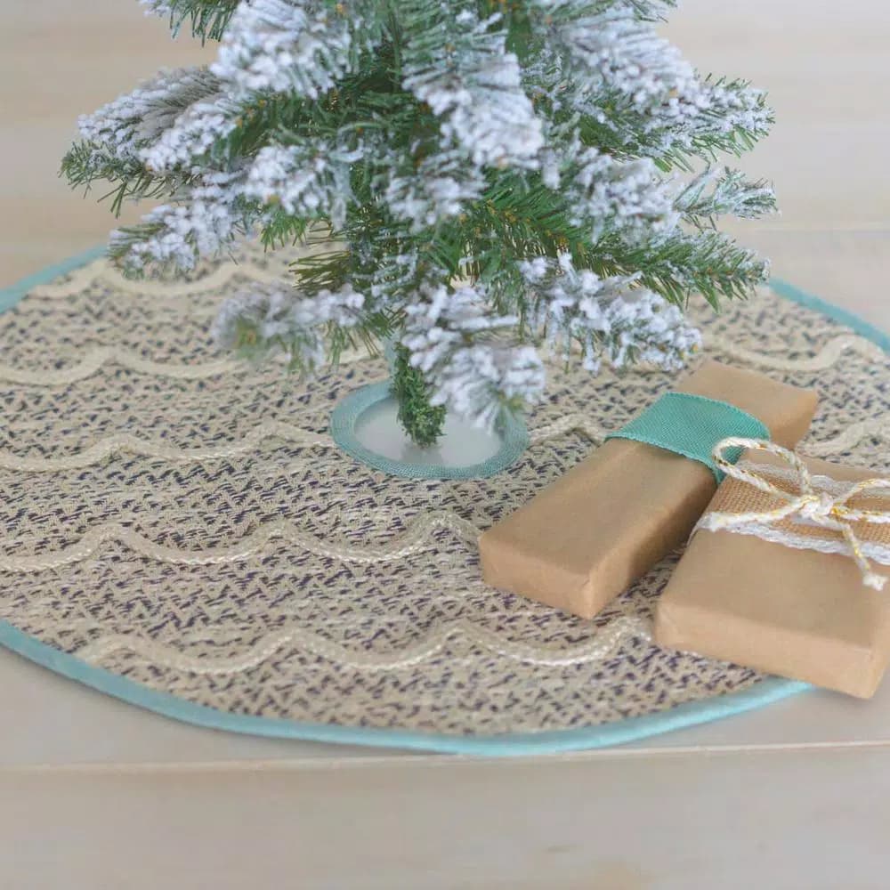 VHC Brands Sanbourne 21 in. Creme White Coastal Christmas Mini Tree Skirt with Turquoise Chambray Trim