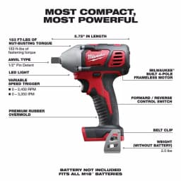 Milwaukee M18 1/2 in. Cordless Compact Impact Wrench with Pin Detent (Tool Only) thumbnail 2