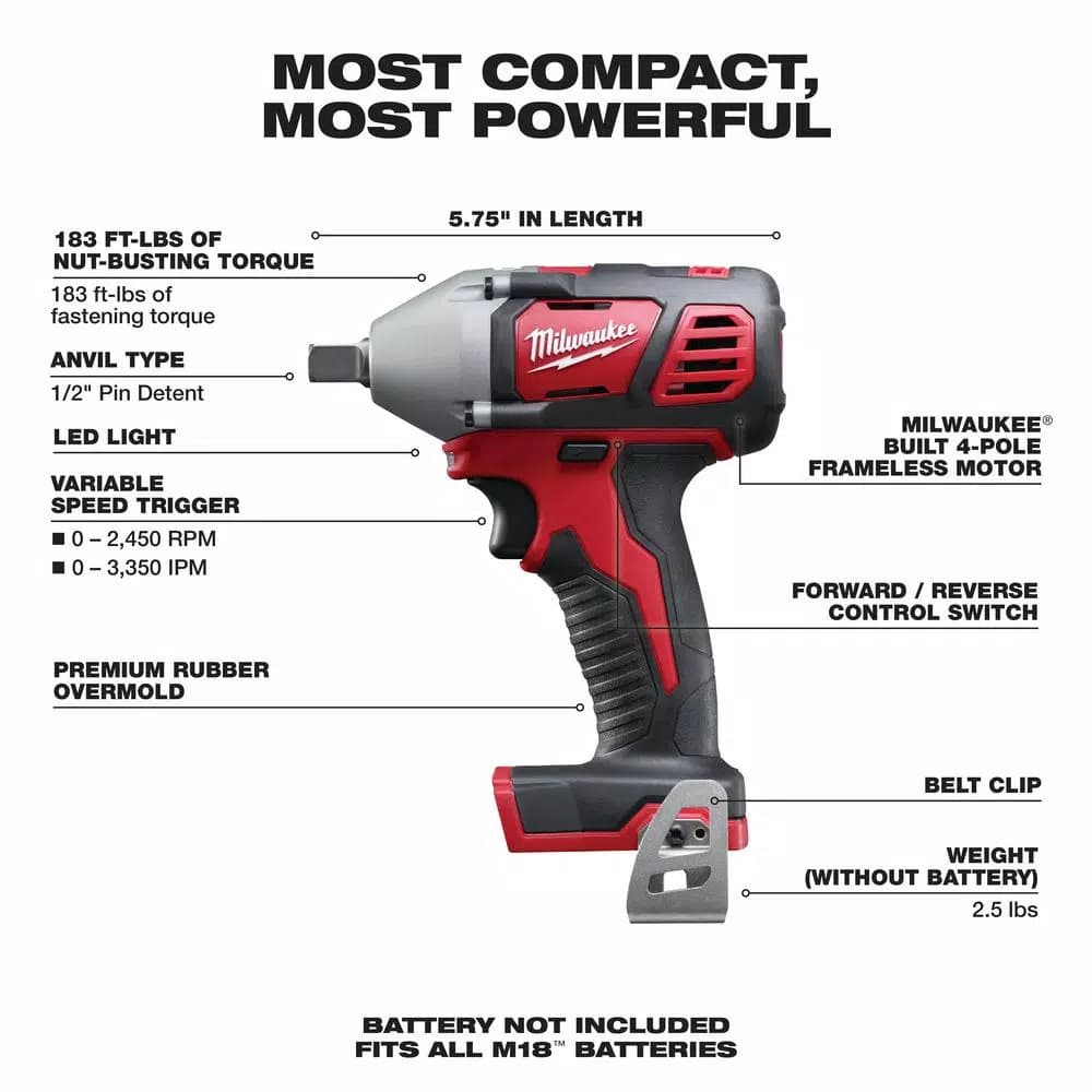 Milwaukee M18 1/2 in. Cordless Compact Impact Wrench with Pin Detent (Tool Only)