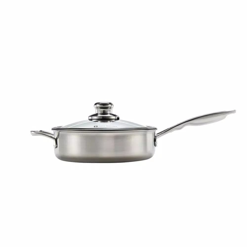 Swiss Diamond Classic Series 3.1 Qt. Cast Aluminum Nonstick Saute Pan with Glass Lid, Stainless Steel