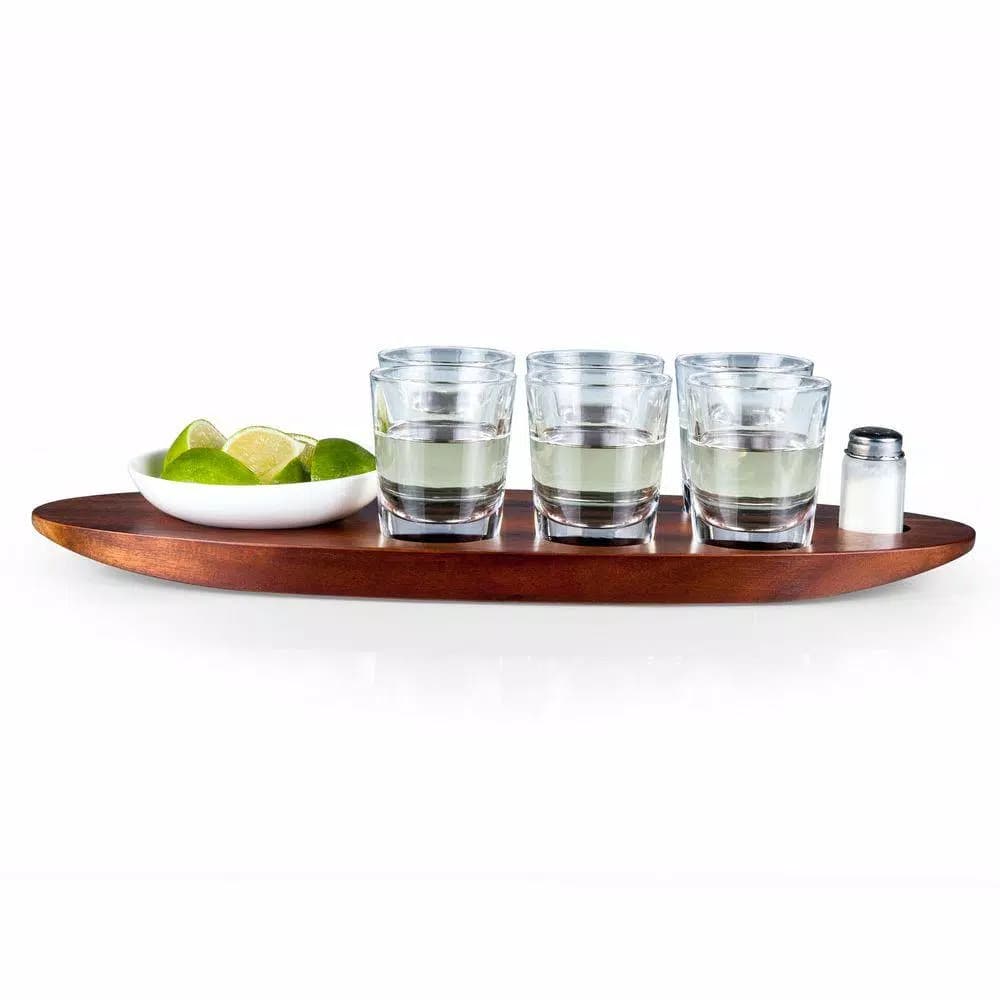 Picnic Time Cantinero Acacia Wood Shot Glass Serving Tray Set - 9 Piece
