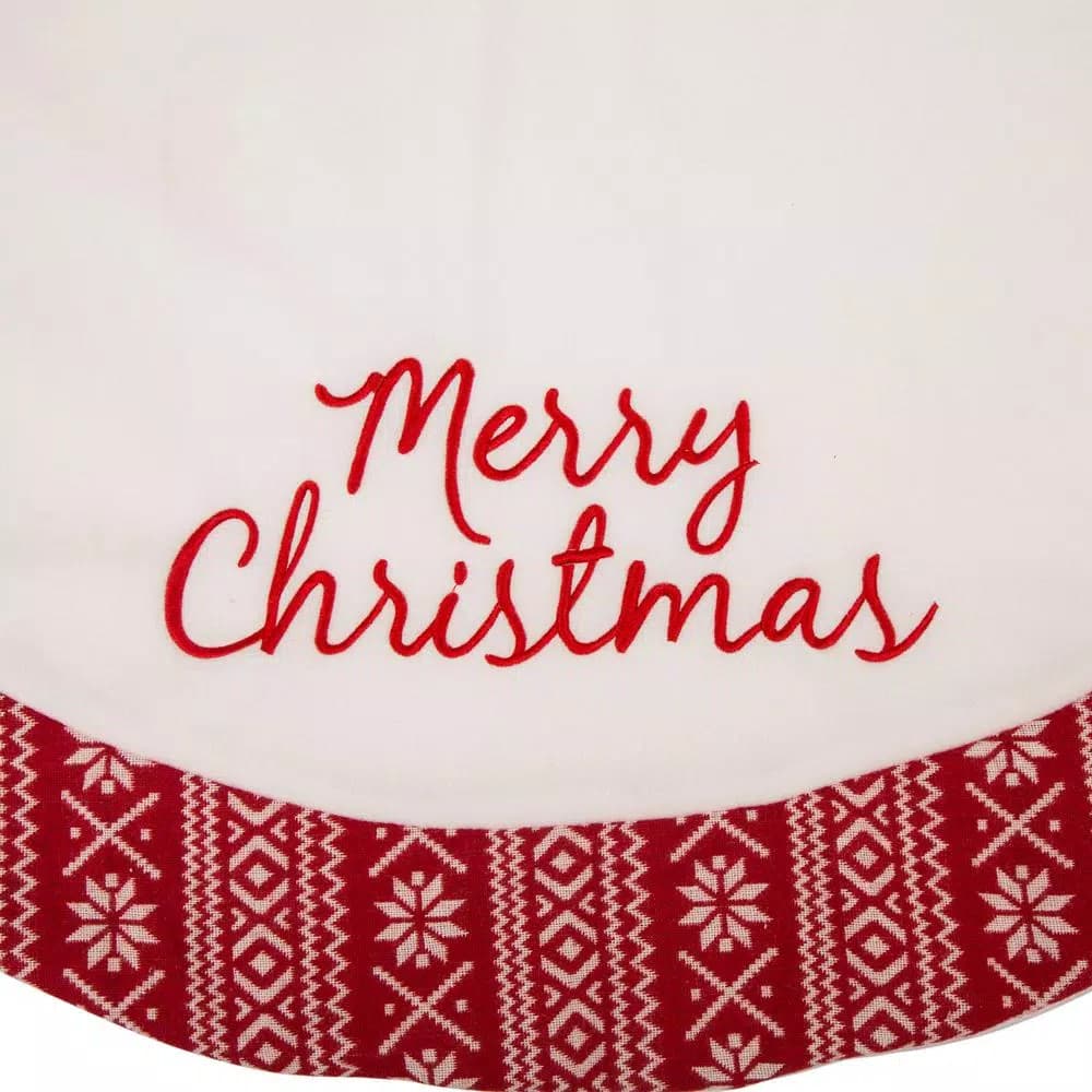 Glitzhome 48 in. White Fleece Christmas Tree Skirt with Jacquard Trim - Merry Christmas
