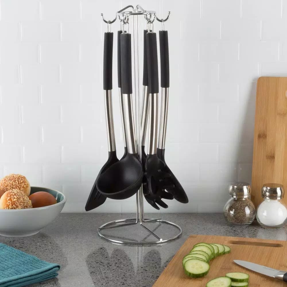 Classic Cuisine 7-Piece Stainless Steel and Silicone Kitchen Utensil Set with Holder