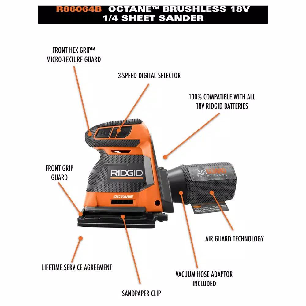 RIDGID 18V OCTANE Cordless Brushless 3-Speed 1/4 Sheet Sander Kit with 3.0 Ah Battery and Charger
