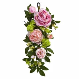 Nearly Natural 24 in. Mixed Pink Peony and Hydrangea Teardrop Floral Swag Wreath thumbnail 1