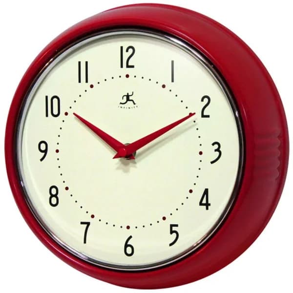Infinity Instruments 9.5 in. Red Retro Round Metal Wall Clock
