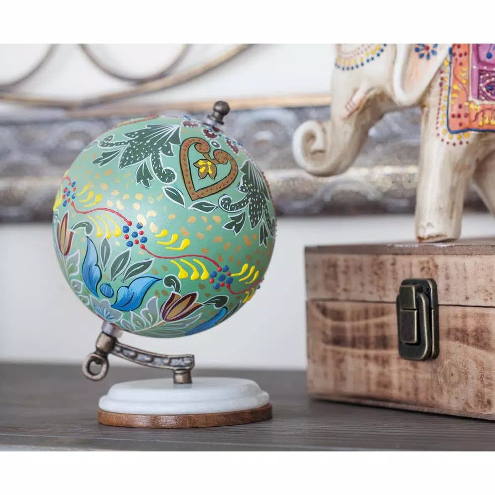 LITTON LANE Modern Reflections 7 in. Decorative Lattice Globe with Mango Wood and Marble Base, Multi-Color