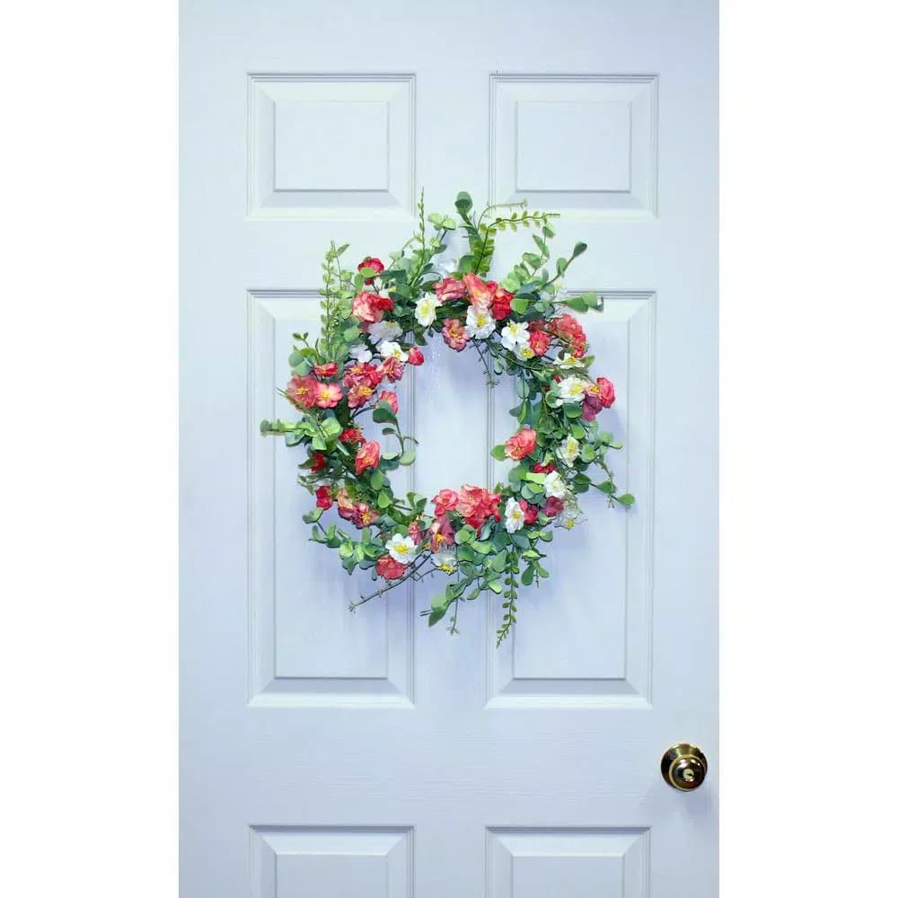 Worth Imports 22 in. Pastel Flower Silk Wreath - Peach, Cream and Coral Spring Decor