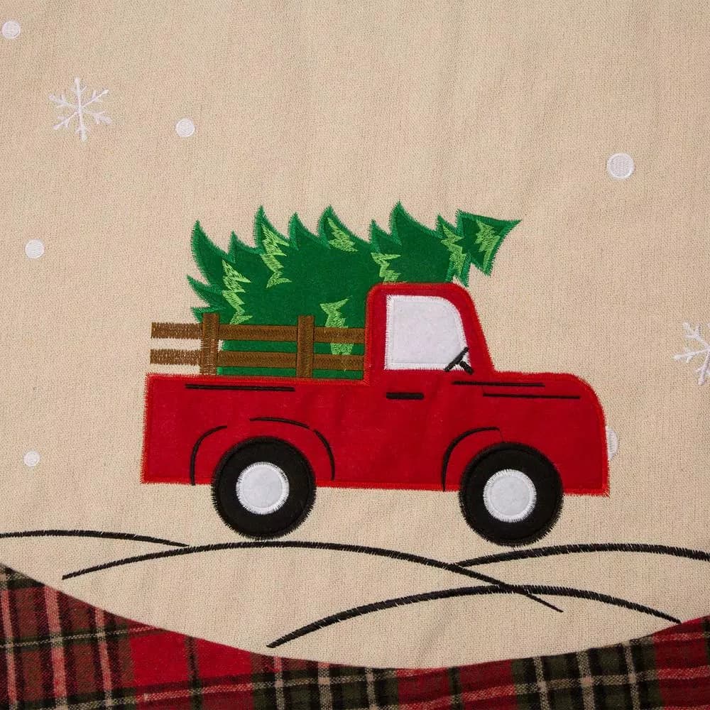 Glitzhome 48 in. Red Truck Embroidered Fabric Christmas Tree Skirt