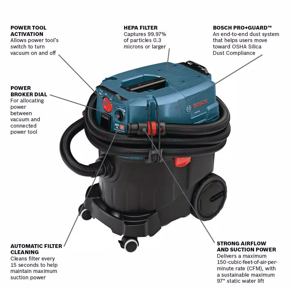 Bosch VAC090AH 9 Gallon Wet/Dry Dust Extractor with Auto Filter Clean and HEPA Filter