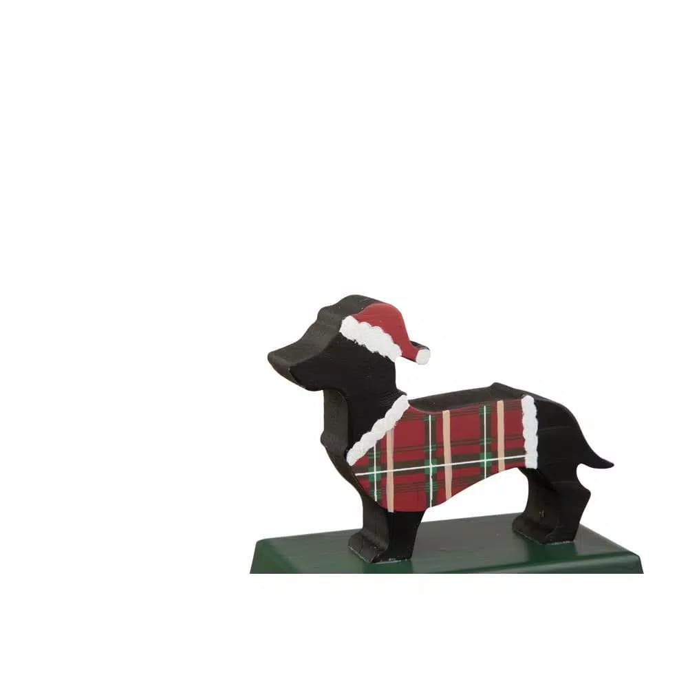 Glitzhome Dachshund Wooden and Metal Stocking Holder, Plaid Outfit & Santa Hat Holiday Decor