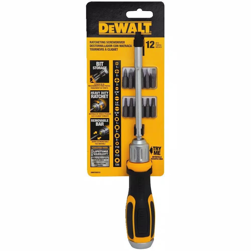 DEWALT Heavy-Duty Ratcheting Screwdriver with Removable Bar and 12 Bits