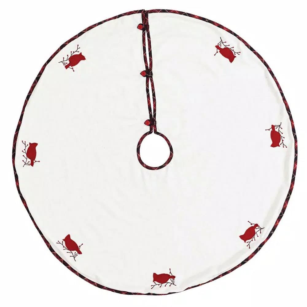 VHC Brands 48 in. Seasons Greetings Red Traditional Christmas Tree Skirt with Cardinal and Winterberry Design