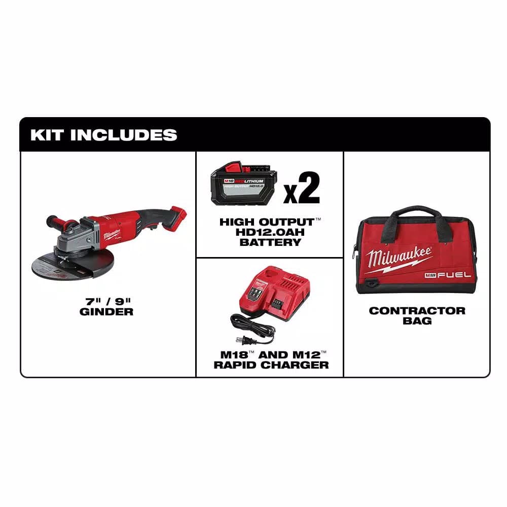 Milwaukee M18 FUEL 7/9 in. Brushless Cordless Large Angle Grinder Kit w/ (2) 12.0 Ah Batteries & Rapid Charger