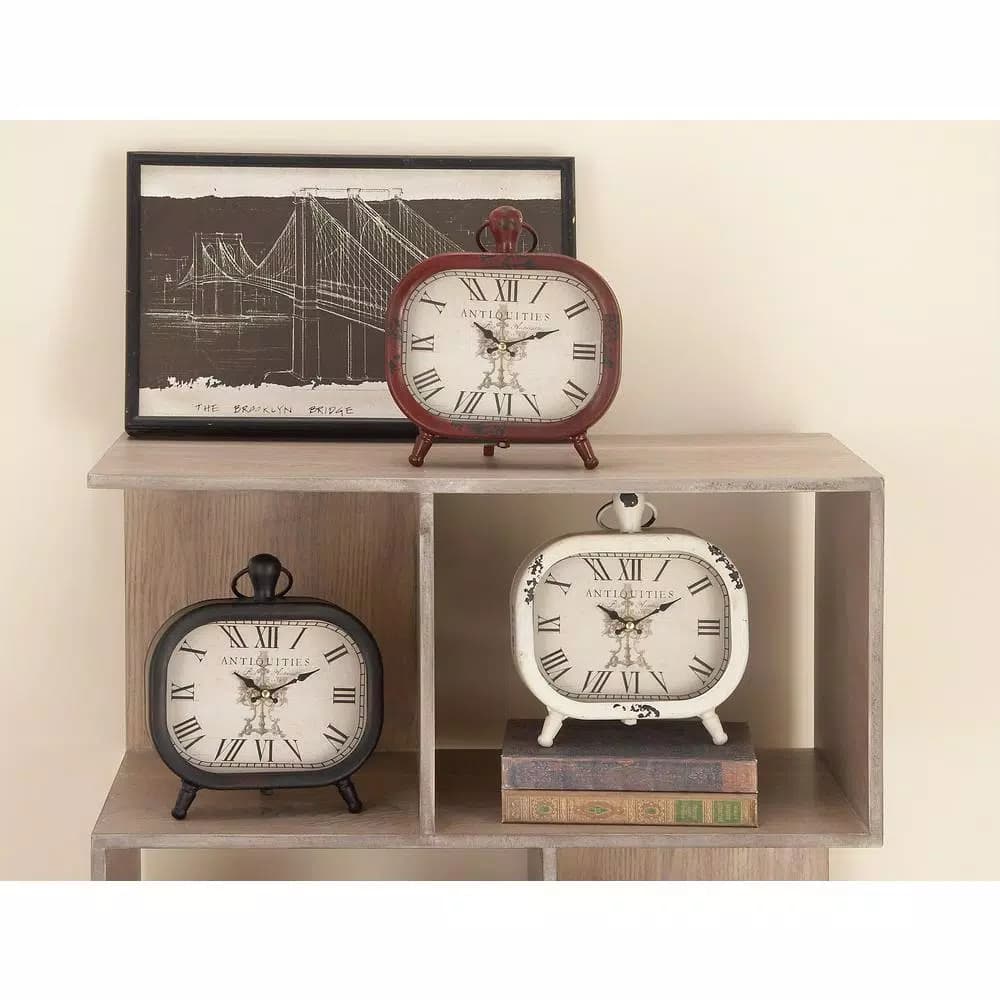 LITTON LANE Set of 3 Vintage Farmhouse Rounded Rectangle Iron Table Clocks - Distressed Red, Black, and White