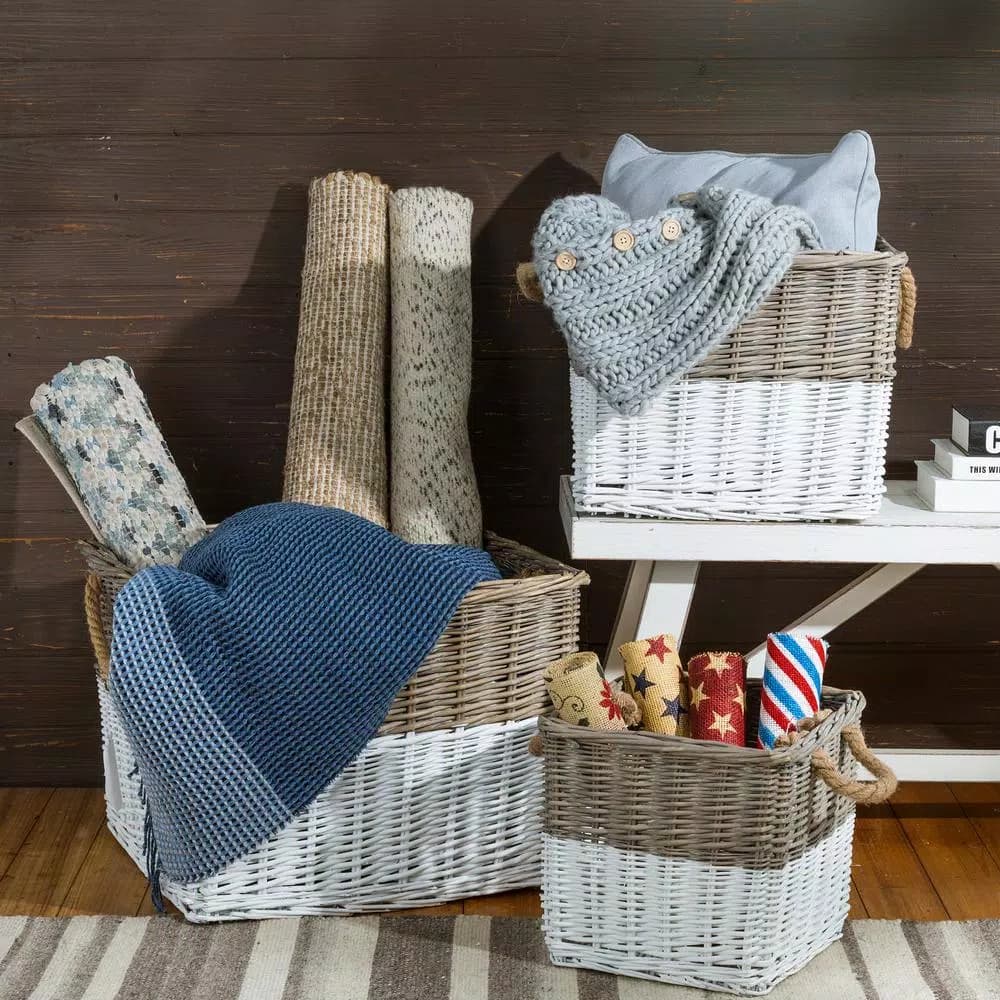 Glitzhome Natural White Square Wicker Willow Baskets, Set of 3 with Rope Handles