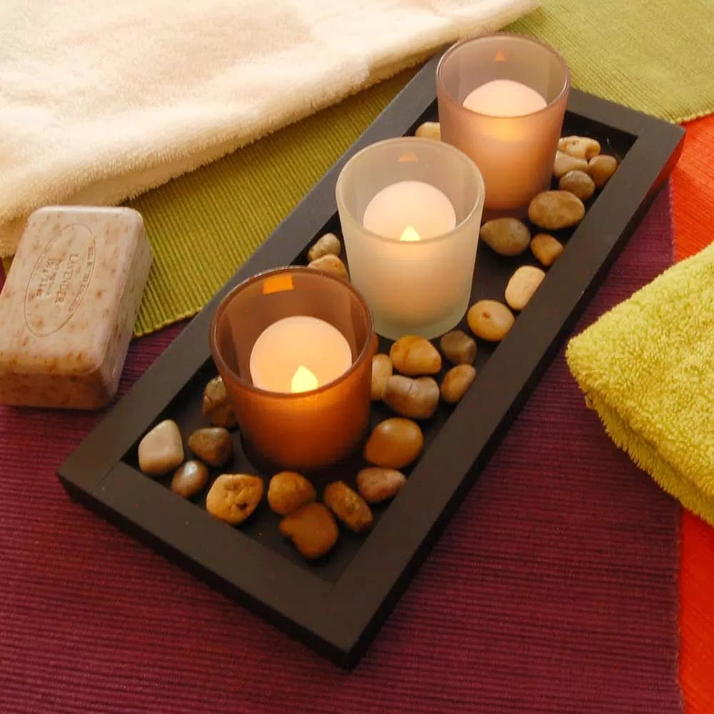 LUMABASE Pebble Candle Tray Set with 3 Frosted Glass Votive Holders and Smooth Pebbles - Black Wood