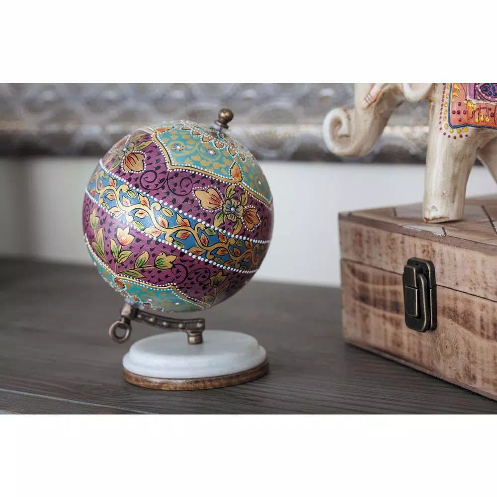 LITTON LANE Modern Reflections 7 in. Decorative Lattice Globe with Mango Wood and Marble Base