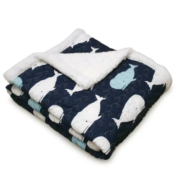 Lush Decor Whale Navy Sherpa Reverse Throw Blanket, Blue Animal Print Microfiber