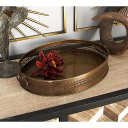LITTON LANE New Traditional Metallic Latticed Iron Oval Trays, Set of 2, Brown Copper Finish thumbnail 1