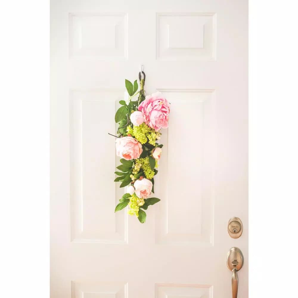 Nearly Natural 24 in. Mixed Pink Peony and Hydrangea Teardrop Floral Swag Wreath