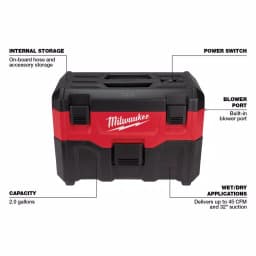 Milwaukee M18 18V Lithium-Ion 2 Gal. Cordless Wet/Dry Vacuum (Tool-Only) thumbnail 3