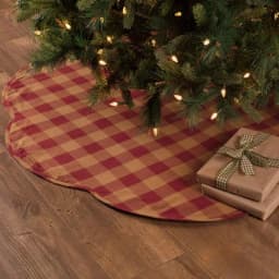 VHC Brands 55 in. Burgundy Check Red Primitive Christmas Tree Skirt with Scalloped Edge thumbnail 4