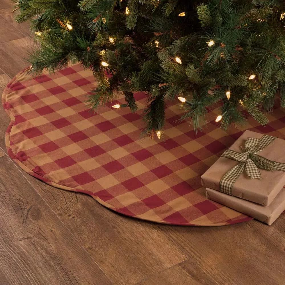 VHC Brands 55 in. Burgundy Check Red Primitive Christmas Tree Skirt with Scalloped Edge