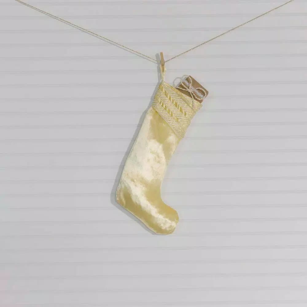 VHC Brands 20 in. Creme Memories Glam Christmas Stocking with Gold and Ivory Ribbon Embellishments