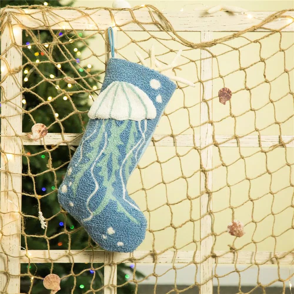 Glitzhome 19 in. 3D Jellyfish Hooked Christmas Stocking, Blue and White Beach Theme