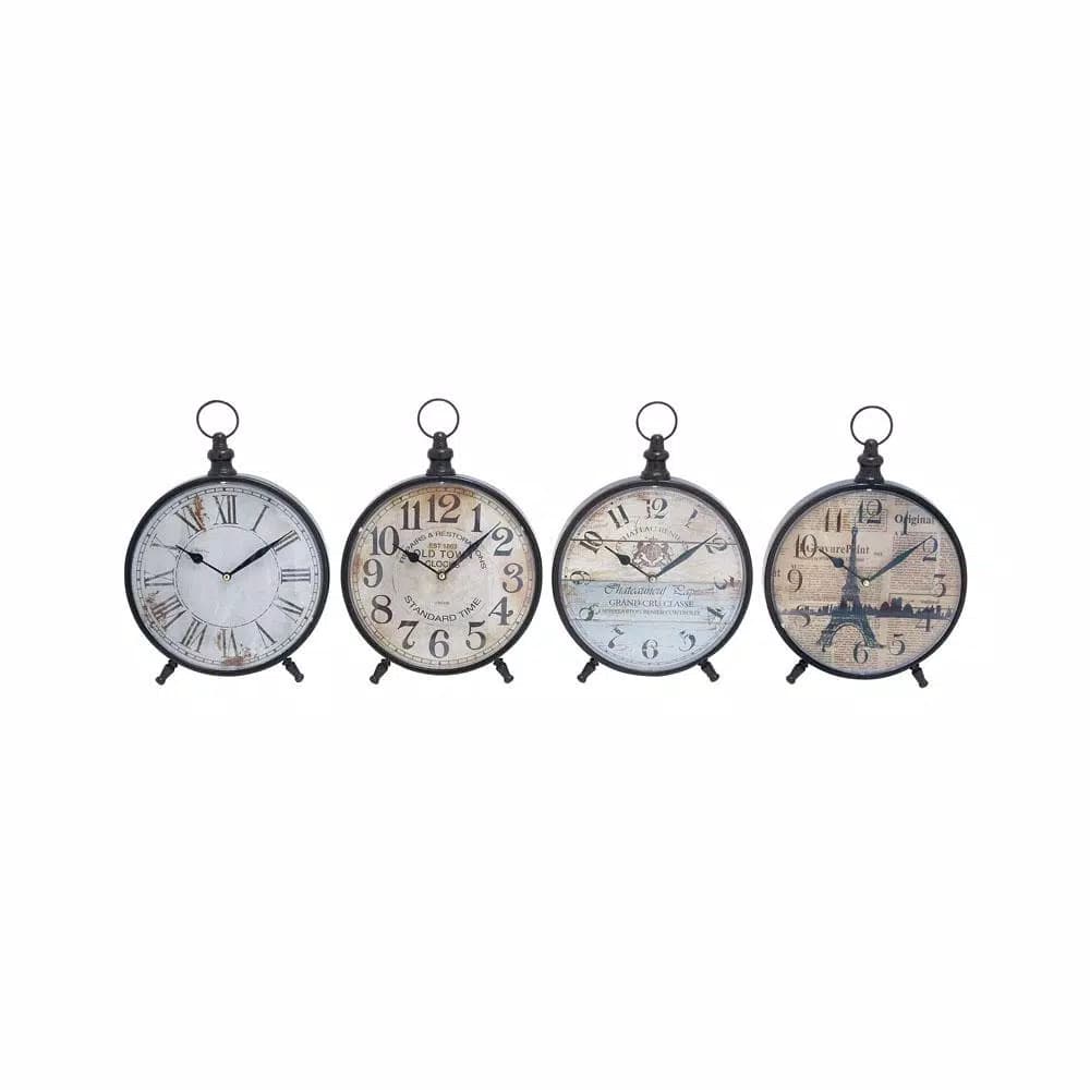 LITTON LANE Set of 4 Vintage-Style Round Peg-Legged Table Clocks, 12 in. x 9 in., Distressed Black and White