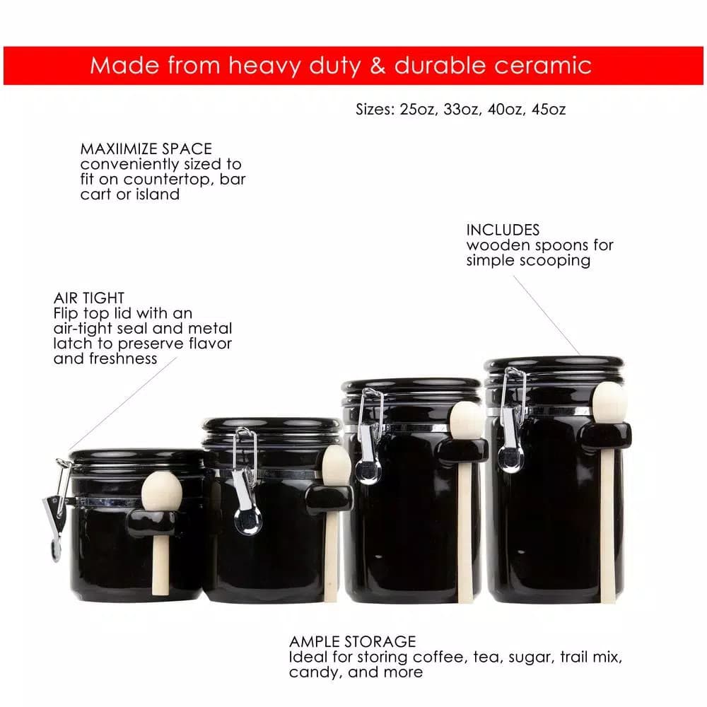 Unbranded 4-Piece Black Ceramic Canister Set with Wooden Spoons - Airtight Kitchen Storage Containers