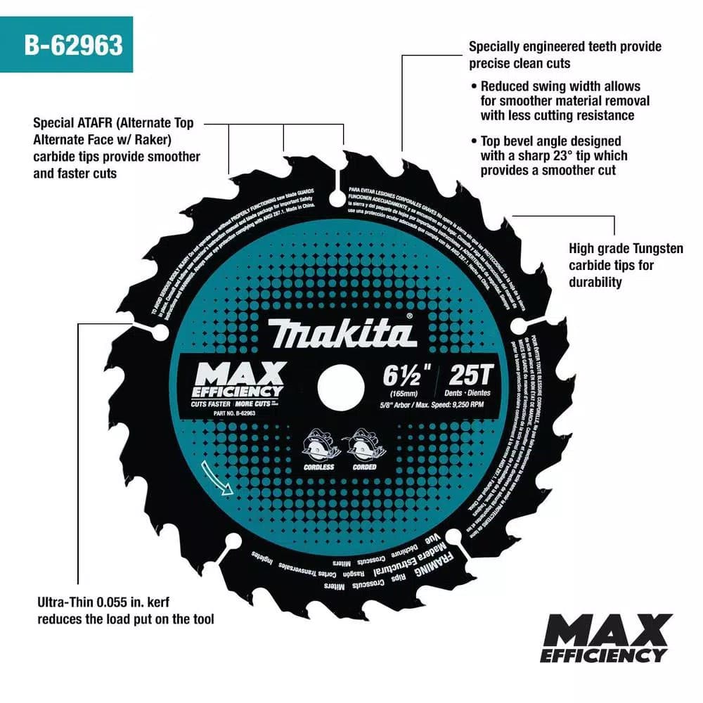 Makita 6-1/2 in. 25T Carbide-Tipped Ultra-Thin Kerf Circular Saw Blade for Cordless Saws